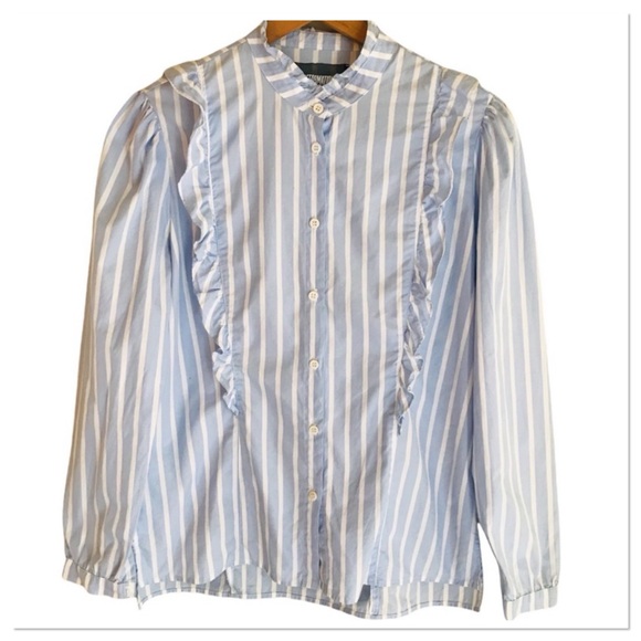 Reformation Etta Top In Lydia Striped Ruffle Edge Button Up Front Blue Size L - Picture 4 of 10